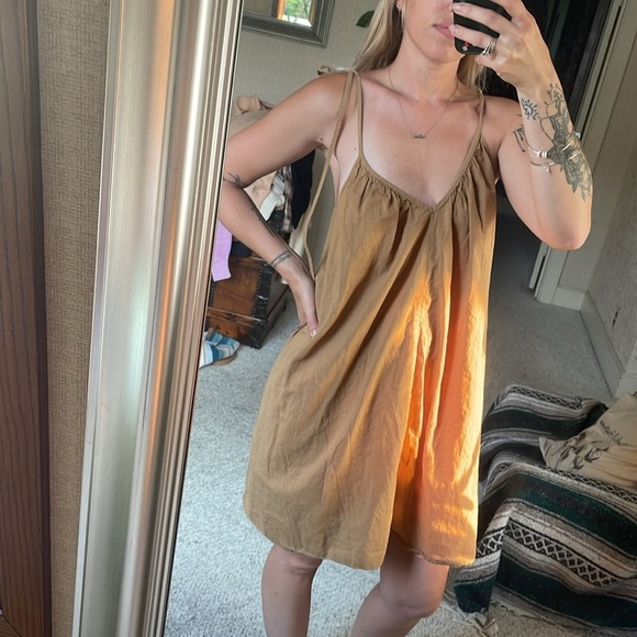 H&M Tan Cotton Mini Dress W/ Spaghetti Straps and Relaxed Fit - Picture 3 of 11